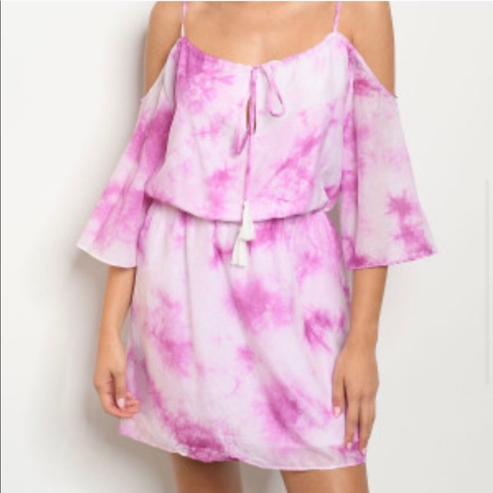 New! Clearance 🔥 Pink Cold Shoulder Tie Dye mid Elastic Dress - Picture 4 of 8